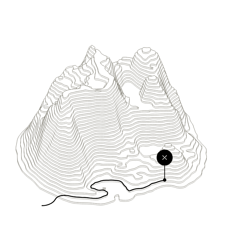 Contour map of a mountain with a path that stops short at an X